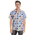 Men's Talavera Sol Polo Short Sleeve Shirt - Blue tile print with sun pattern T-shirts La Vie Bien Men's Talavera Sol Polo Short Sleeve Shirt - Blue tile print with sun pattern
