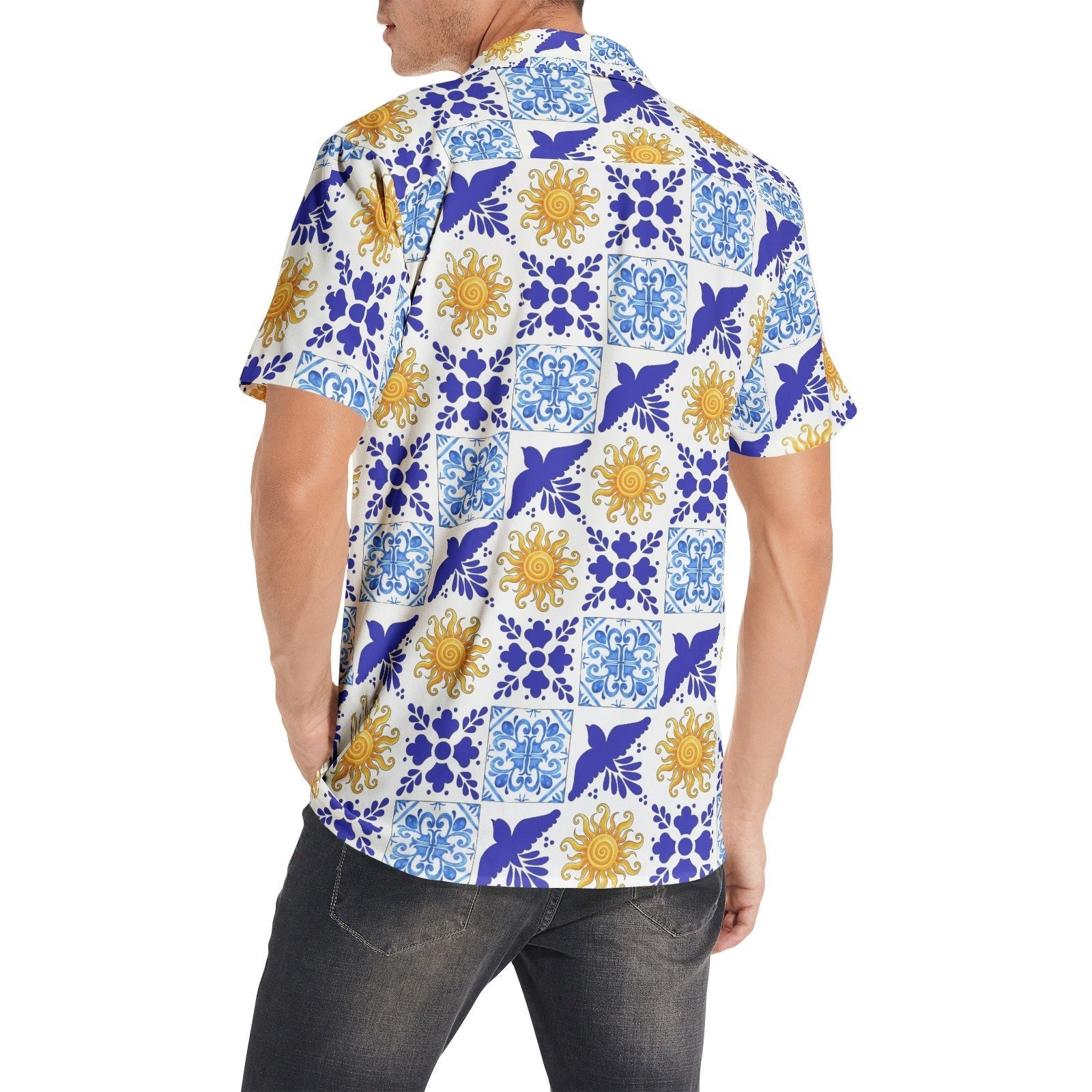 Men's Talavera Sol Polo Short Sleeve Shirt - Blue tile print with sun pattern T-shirts La Vie Bien Men's Talavera Sol Polo Short Sleeve Shirt - Blue tile print with sun pattern