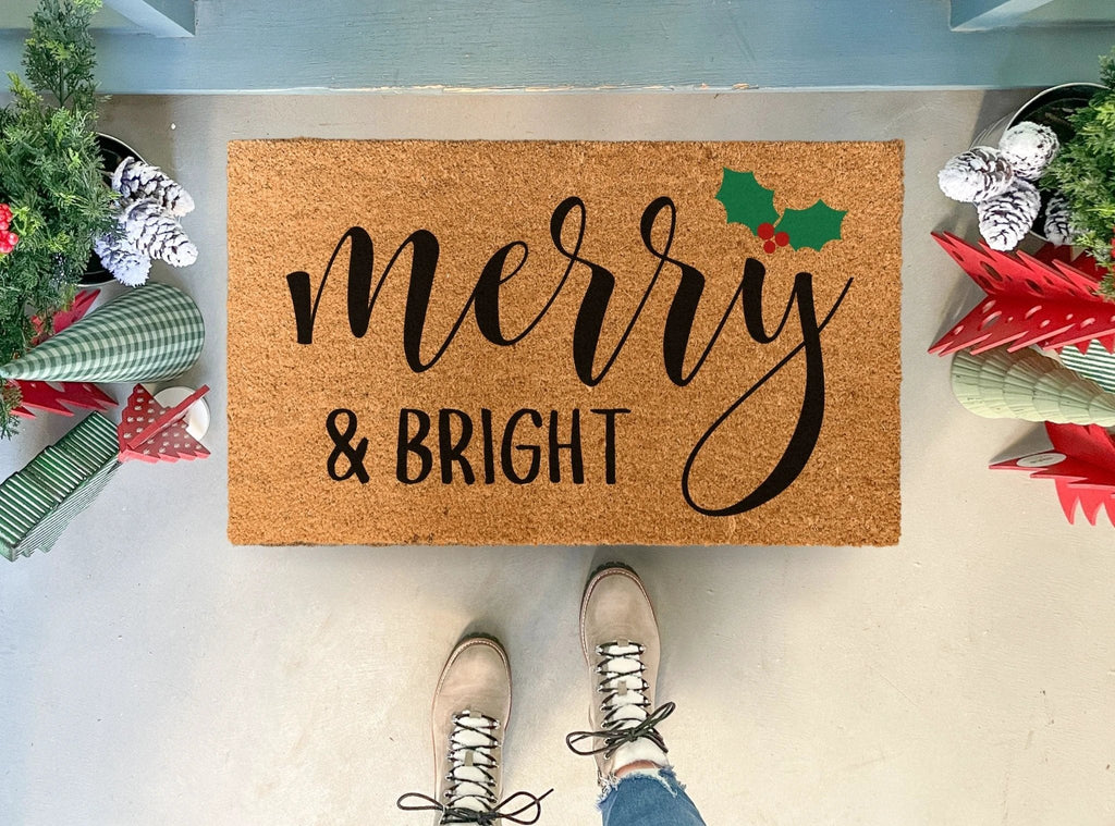 Merry and Bright Outdoor Christmas Doormat by Nickel Designs Custom Doormats