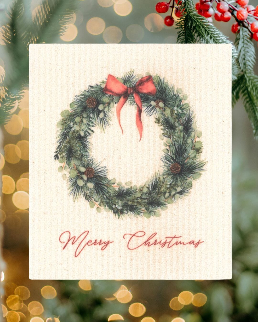Merry Christmas Wreath with Red Bow Swedish Dishcloth Swedish Dishcloths La Vie Bien Merry Christmas Wreath with Red Bow Swedish Dishcloth