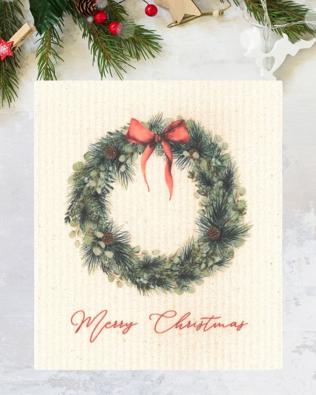 Merry Christmas Wreath with Red Bow Swedish Dishcloth Swedish Dishcloths La Vie Bien Merry Christmas Wreath with Red Bow Swedish Dishcloth