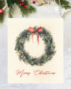 Merry Christmas Wreath with Red Bow Swedish Dishcloth Swedish Dishcloths La Vie Bien Merry Christmas Wreath with Red Bow Swedish Dishcloth