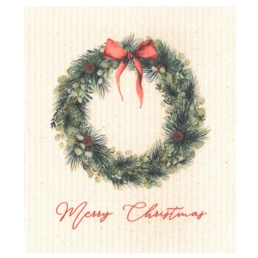 Merry Christmas Wreath with Red Bow Swedish Dishcloth Swedish Dishcloths La Vie Bien Merry Christmas Wreath with Red Bow Swedish Dishcloth