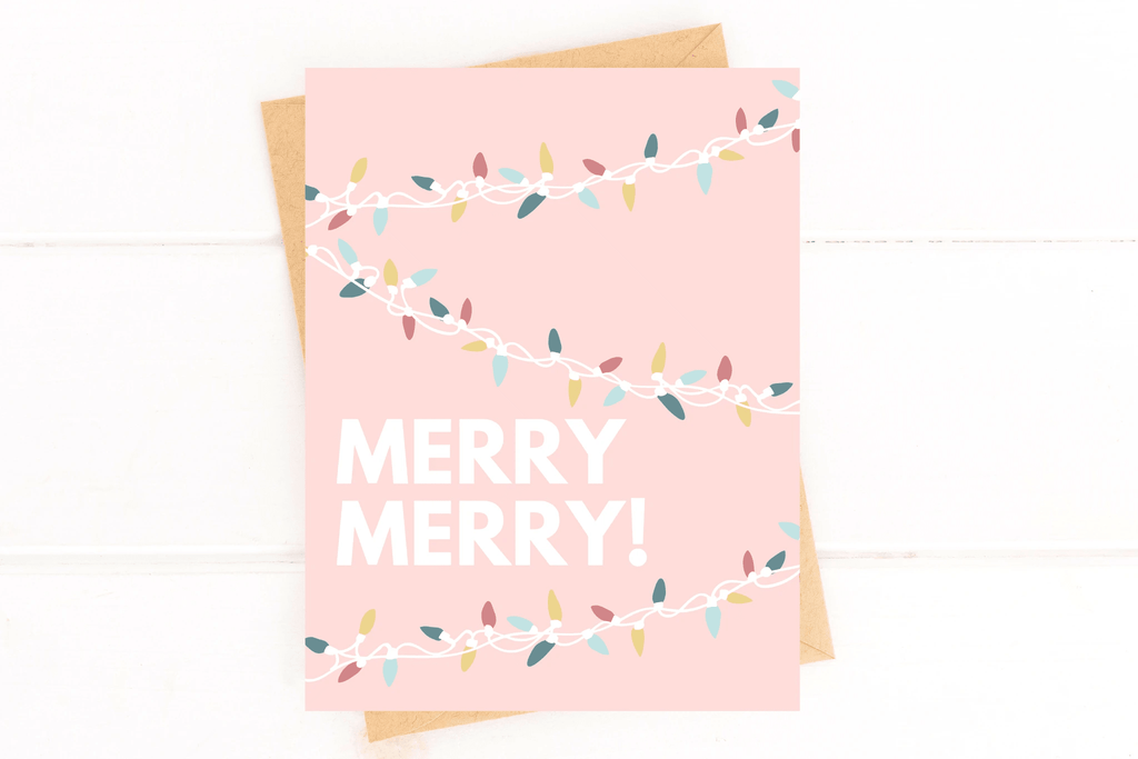 Merry Merry Christmas Lights Pink Holiday Card by Five Dot Post