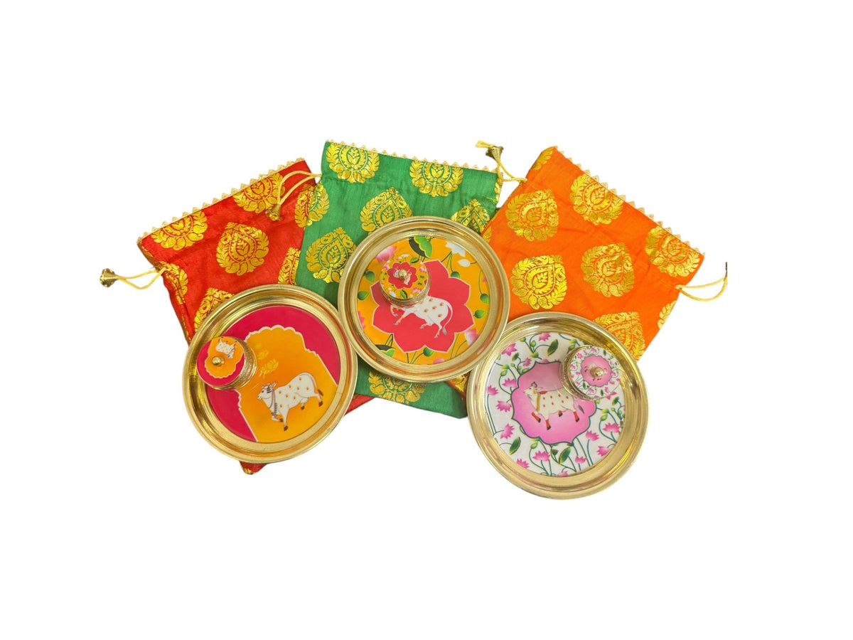 Metal Golden Pichawai Design Plate & Dibbi with Enamel Finish (Assorted) La Vie Bien Metal Golden Pichawai Design Plate & Dibbi with Enamel Finish (Assorted)