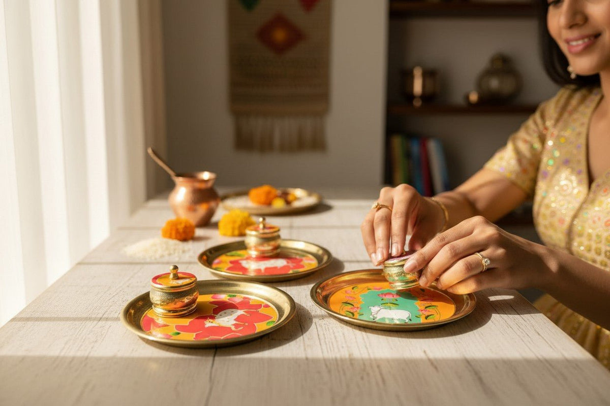 Metal Golden Pichawai Design Plate & Dibbi with Enamel Finish (Assorted) La Vie Bien Metal Golden Pichawai Design Plate & Dibbi with Enamel Finish (Assorted)