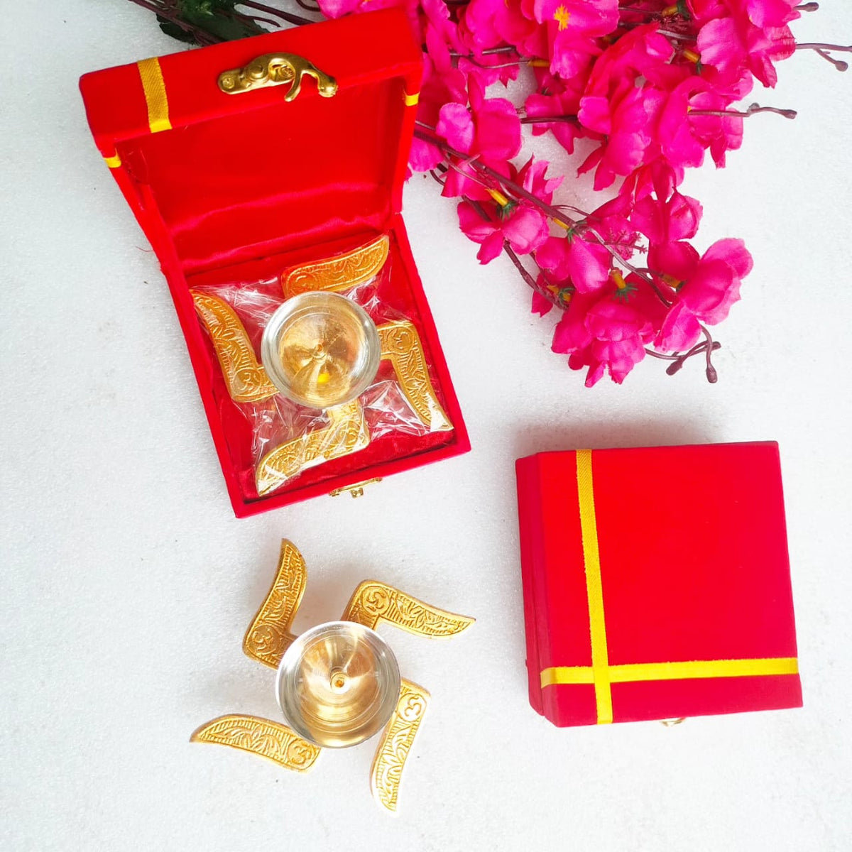 Metal Swastik Akhand Diya in Velvet Gift Box - Perfect Housewarming or Hostess Gift La Vie Bien Metal Swastik Akhand Diya in Velvet Gift Box - Perfect Housewarming or Hostess Gift