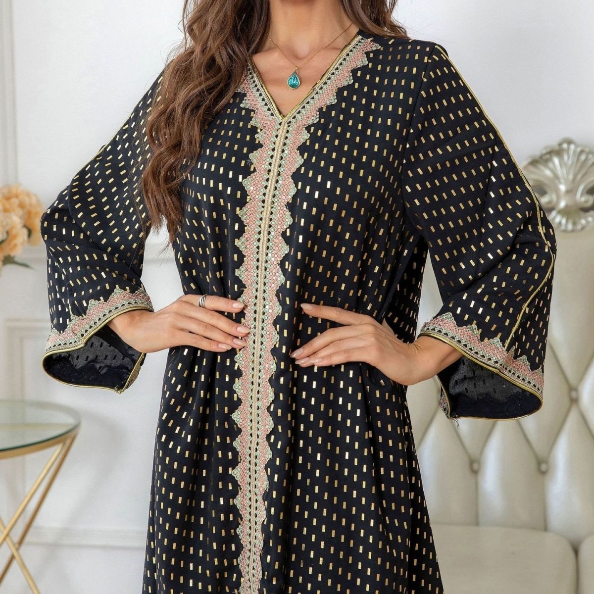 Metallic Embroidered Lace Trim Abaya (MA367) La Vie Bien Metallic Embroidered Lace Trim Abaya (MA367)
