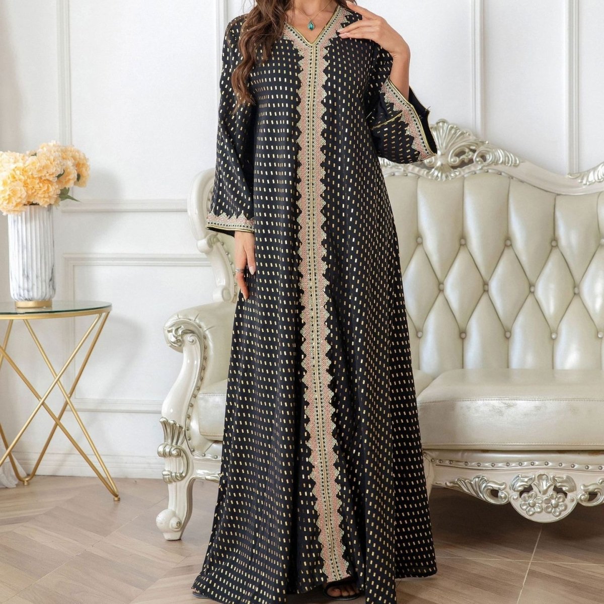 Metallic Embroidered Lace Trim Abaya (MA367) La Vie Bien Metallic Embroidered Lace Trim Abaya (MA367)