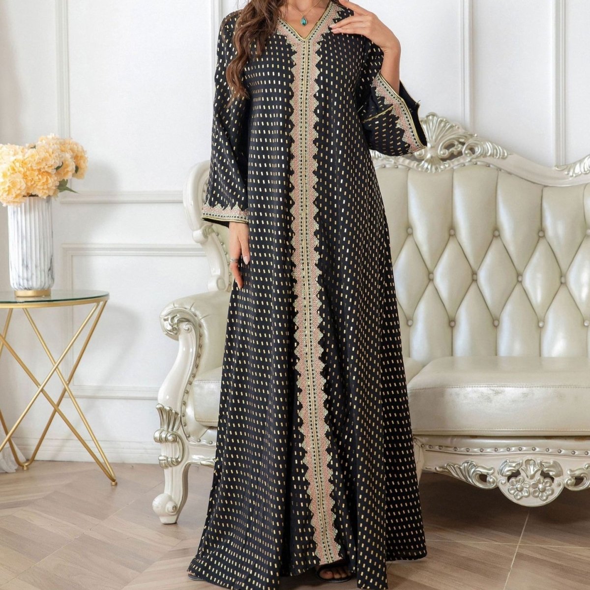Metallic Embroidered Lace Trim Abaya (MA367) La Vie Bien Metallic Embroidered Lace Trim Abaya (MA367)
