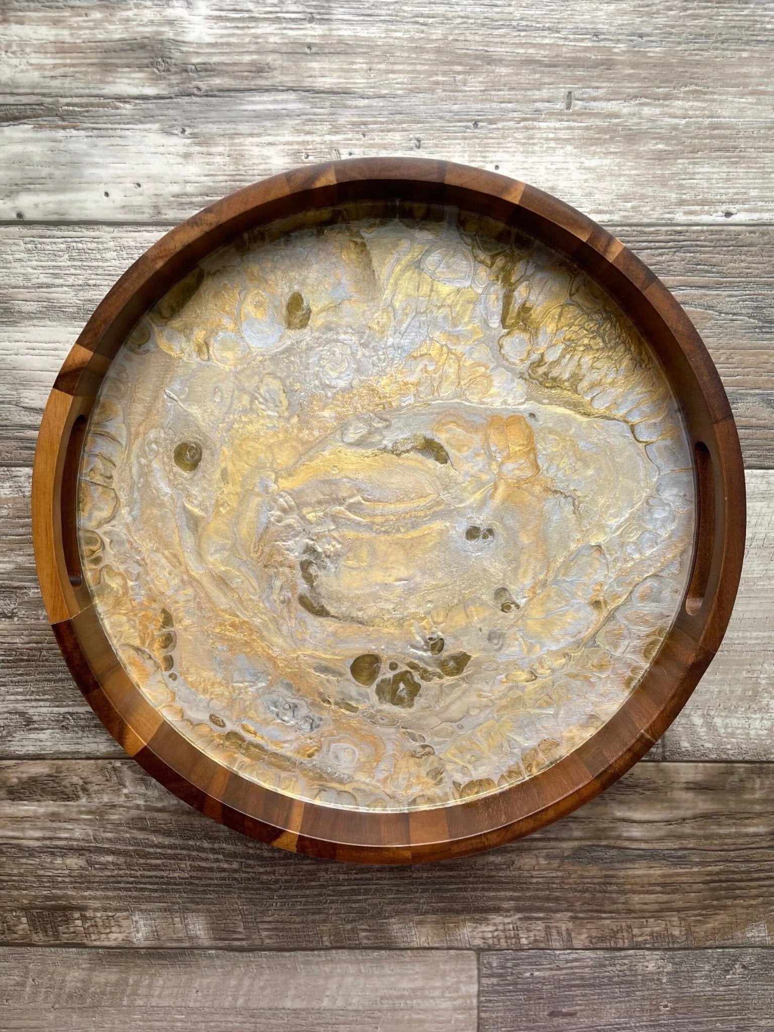 Metallic Neutrals Medium Round Acacia Wood Tray