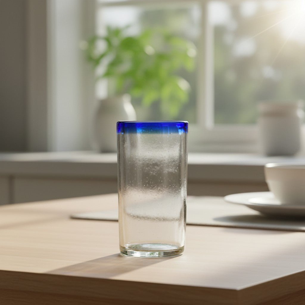 Mexican Blue Rim Tumbler | Hand-Blown Clear Glassware Mexican Drinking Glass La Vie Bien Mexican Blue Rim Tumbler | Hand-Blown Clear Glassware
