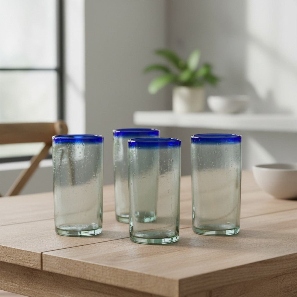 Mexican Blue Rim Tumbler | Hand-Blown Clear Glassware Mexican Drinking Glass La Vie Bien Mexican Blue Rim Tumbler | Hand-Blown Clear Glassware