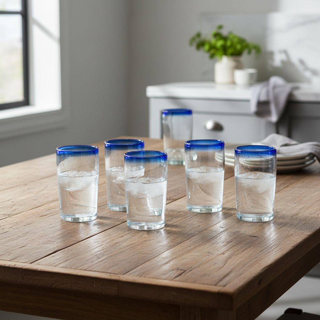 Mexican Blue Rim Tumbler | Hand-Blown Clear Glassware Mexican Drinking Glass La Vie Bien Mexican Blue Rim Tumbler | Hand-Blown Clear Glassware