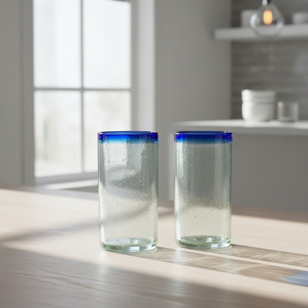 Mexican Blue Rim Tumbler | Hand-Blown Clear Glassware Mexican Drinking Glass La Vie Bien Mexican Blue Rim Tumbler | Hand-Blown Clear Glassware