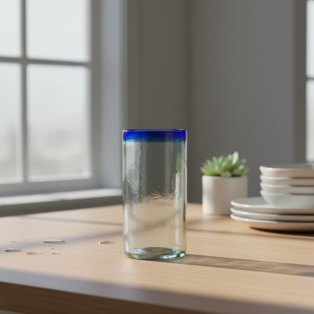 Mexican Blue Rim Tumbler | Hand-Blown Clear Glassware Mexican Drinking Glass La Vie Bien Mexican Blue Rim Tumbler | Hand-Blown Clear Glassware