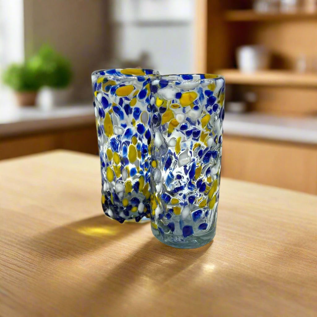 Mexican Double Shot Glass | Blue and Yellow Artisan Barware Mexican Shot Glass La Vie Bien Mexican Double Shot Glass | Blue and Yellow Artisan Barware