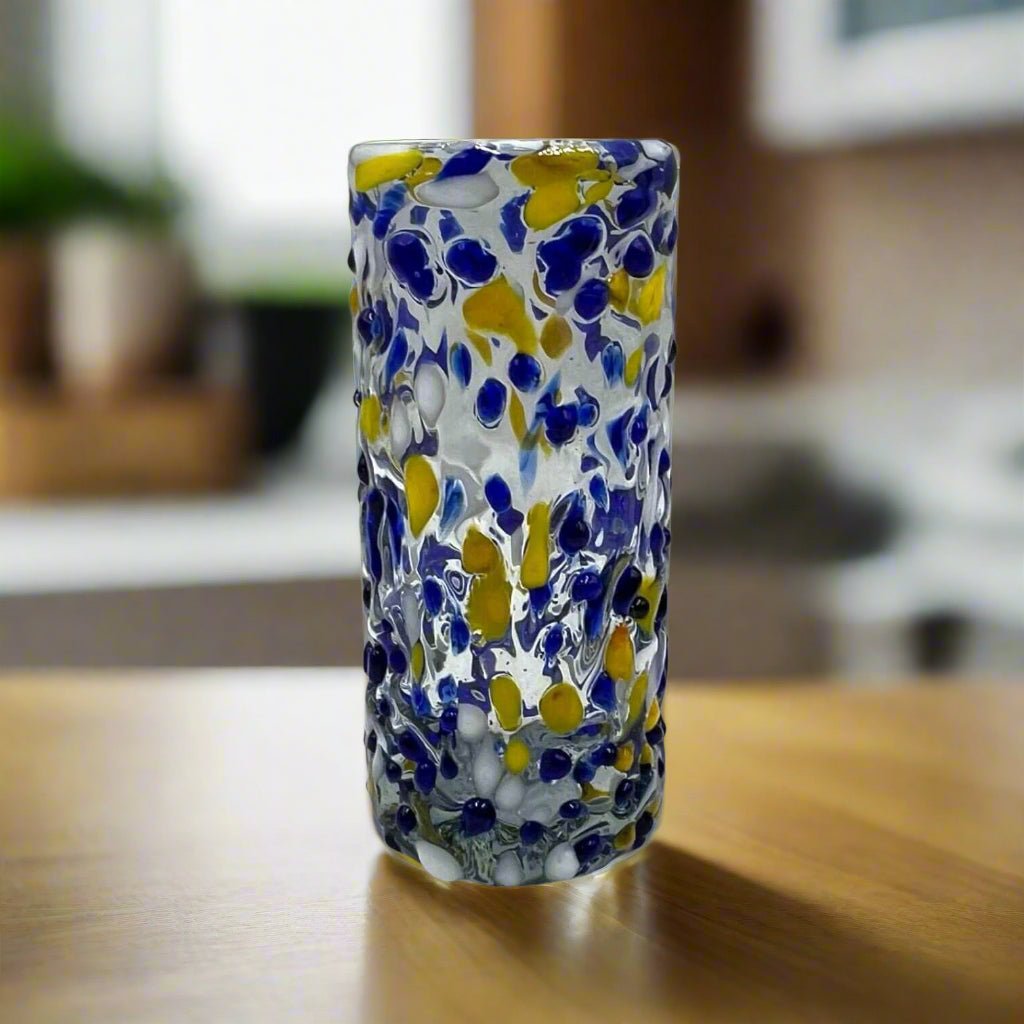 Mexican Double Shot Glass | Blue and Yellow Artisan Barware Mexican Shot Glass La Vie Bien Mexican Double Shot Glass | Blue and Yellow Artisan Barware