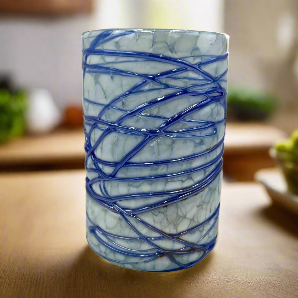 Mexican Hand Blown Drinking Glasses | White and Blue Artisan Glassware Mexican Drinking Glass La Vie Bien Mexican Hand Blown Drinking Glasses | White and Blue Artisan Glassware