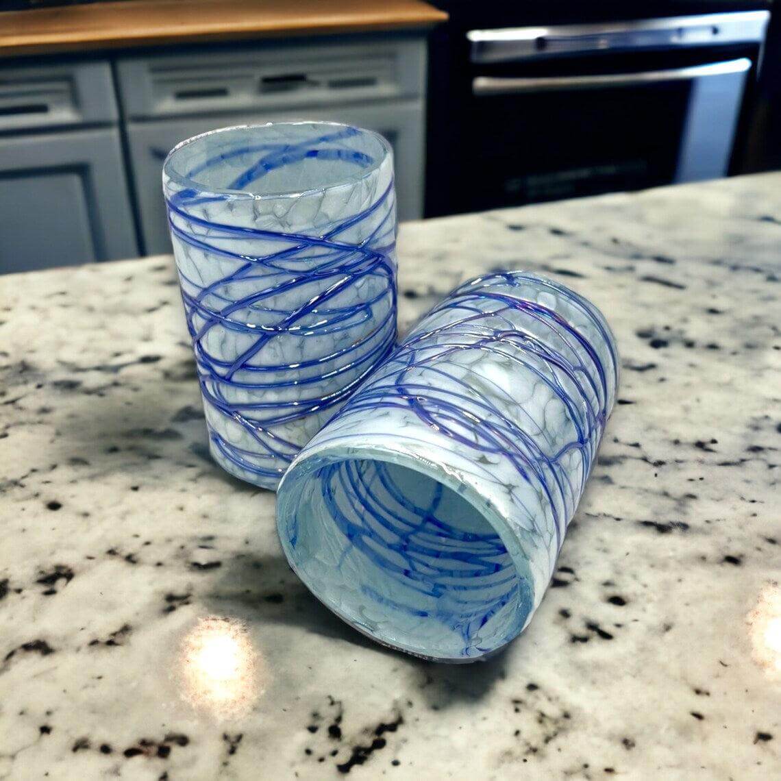 Mexican Hand Blown Drinking Glasses | White and Blue Artisan Glassware Mexican Drinking Glass La Vie Bien Mexican Hand Blown Drinking Glasses | White and Blue Artisan Glassware