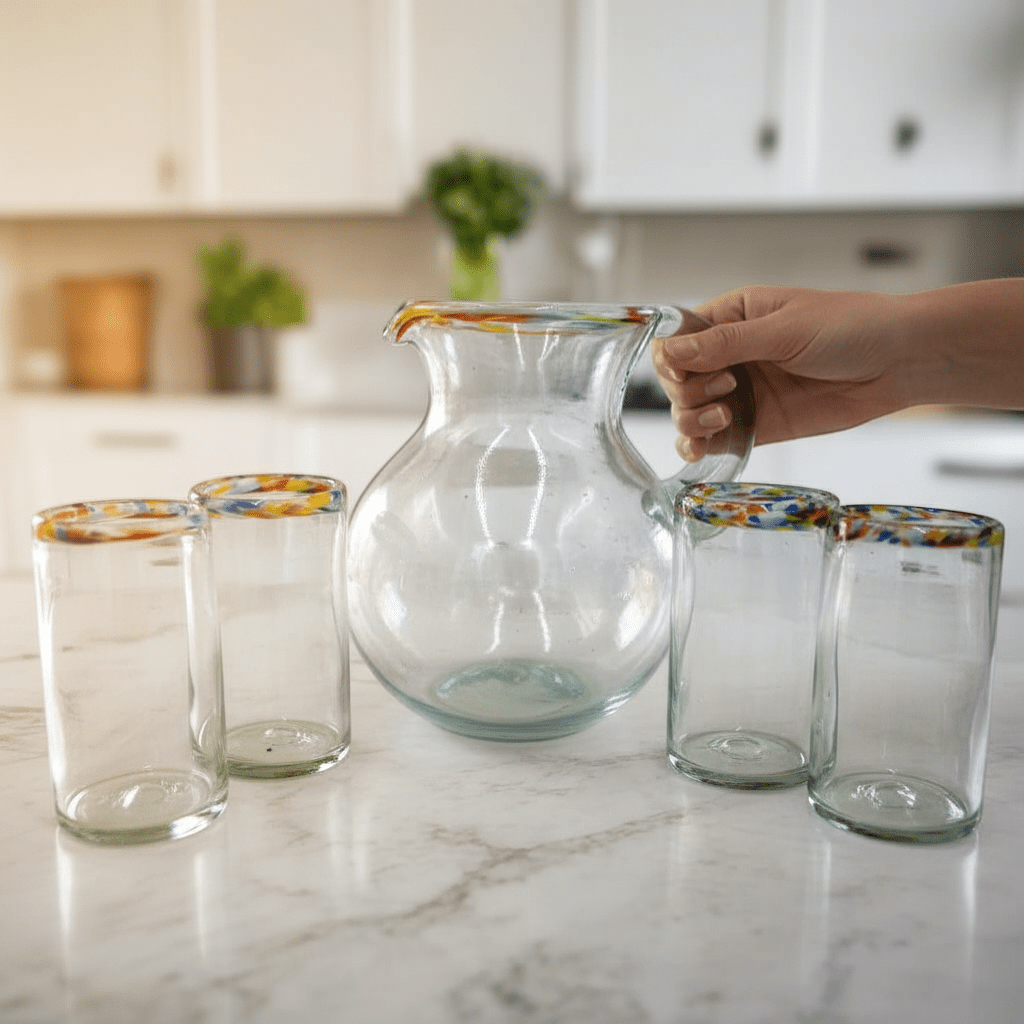 Mexican Hand Blown Glass Pitcher | Confetti Rim Handmade Pitcher La Vie Bien Mexican Hand Blown Glass Pitcher | Confetti Rim