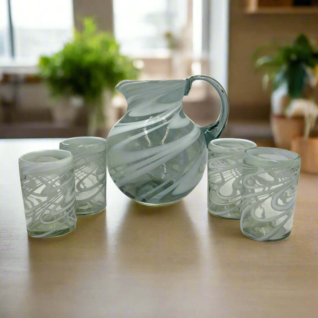 Mexican Hand - Blown Glass Pitcher | White Swirl Handmade Pitcher La Vie Bien Mexican Hand - Blown Glass Pitcher | White Swirl