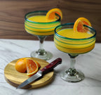 Mexican Hand Blown Glass – Set of 4 Hand Blown Margarita Glasses (16 oz) with Aqua Spiral Design by Dos Sueños