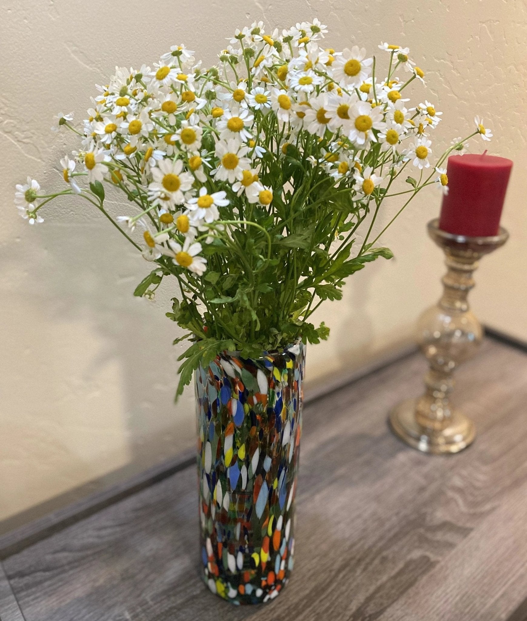 Mexican Hand Blown Glass Vase (11.5" x 4") – Confetti Carmen Colorful Flower Vase by Dos Sueños