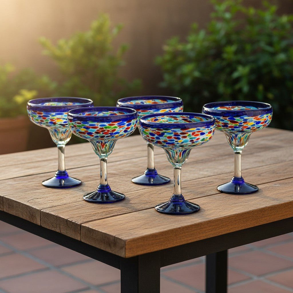 Mexican Hand-Blown Margarita Glass | Blue Confetti Rock Design Mexican Margarita Glass La Vie Bien Mexican Hand-Blown Margarita Glass | Blue Confetti Rock Design