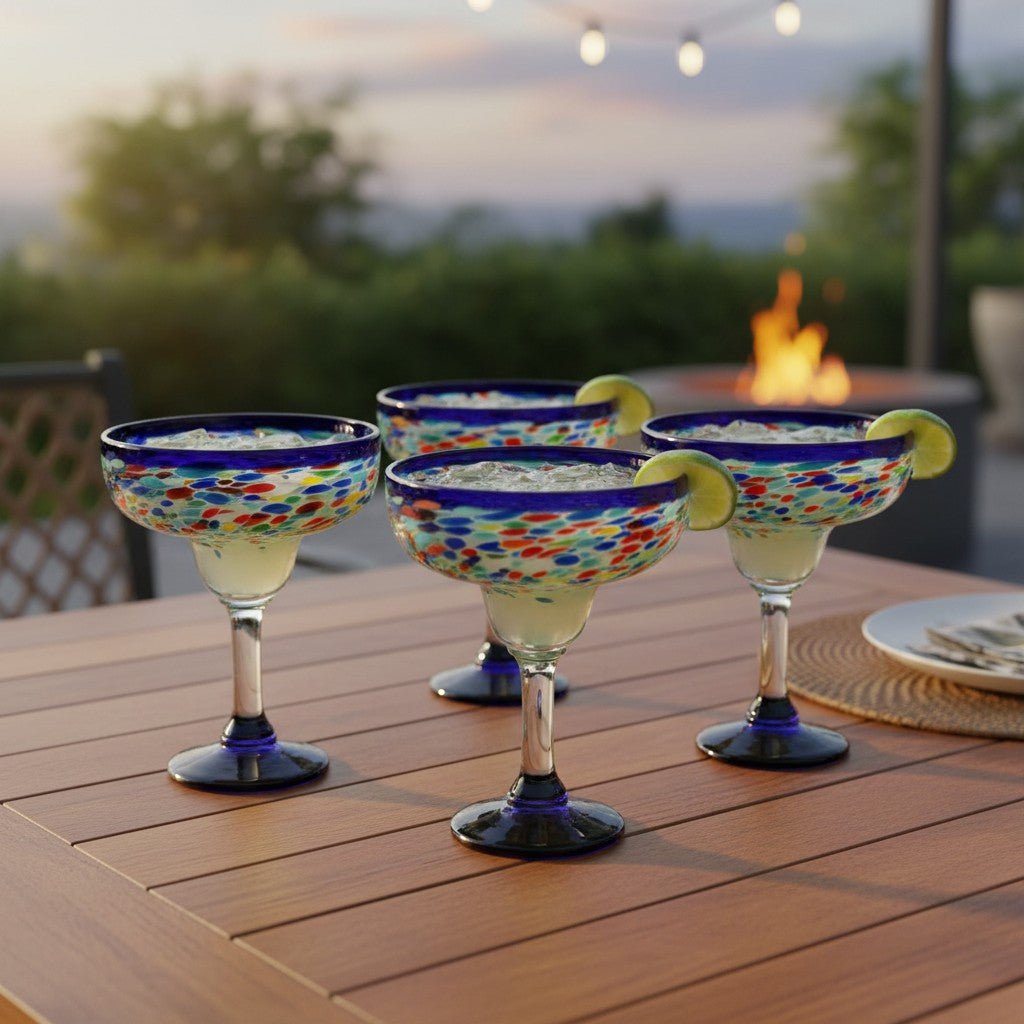 Mexican Hand-Blown Margarita Glass | Blue Confetti Rock Design Mexican Margarita Glass La Vie Bien Mexican Hand-Blown Margarita Glass | Blue Confetti Rock Design