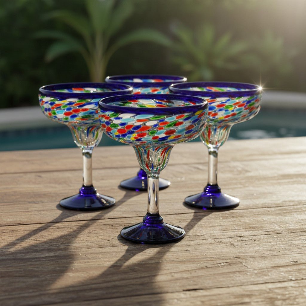 Mexican Hand-Blown Margarita Glass | Blue Confetti Rock Design Mexican Margarita Glass La Vie Bien Mexican Hand-Blown Margarita Glass | Blue Confetti Rock Design