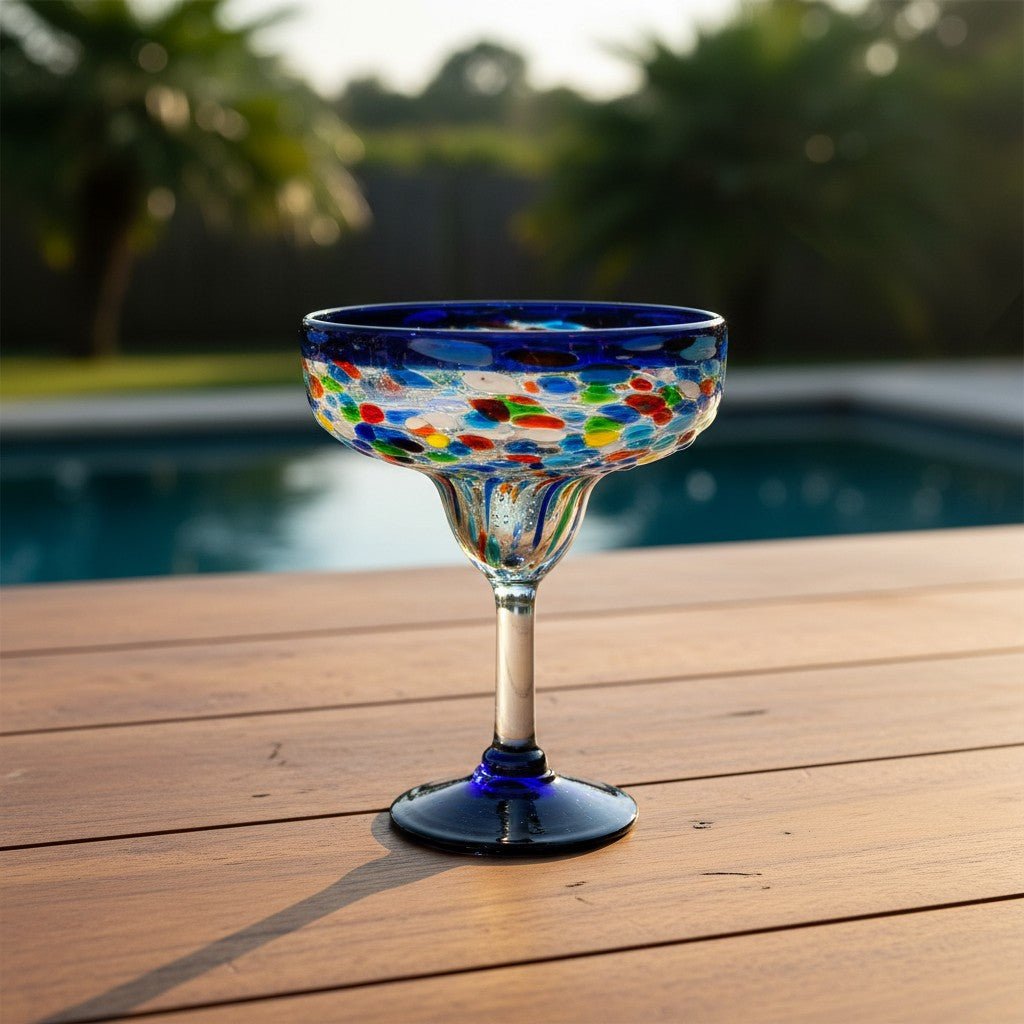 Mexican Hand-Blown Margarita Glass | Blue Confetti Rock Design Mexican Margarita Glass La Vie Bien Mexican Hand-Blown Margarita Glass | Blue Confetti Rock Design