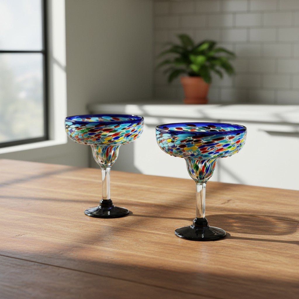 Mexican Hand-Blown Margarita Glass | Blue Confetti Rock Design Mexican Margarita Glass La Vie Bien Mexican Hand-Blown Margarita Glass | Blue Confetti Rock Design
