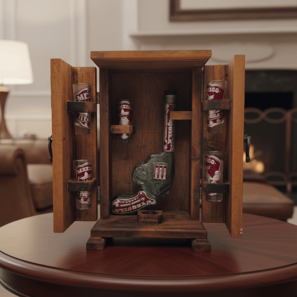 Mexican Revolver Decanter Set With 6 Shot Glasses | Wooden Box Mexican Decanter La Vie Bien Mexican Revolver Decanter Set With 6 Shot Glasses | Wooden Box