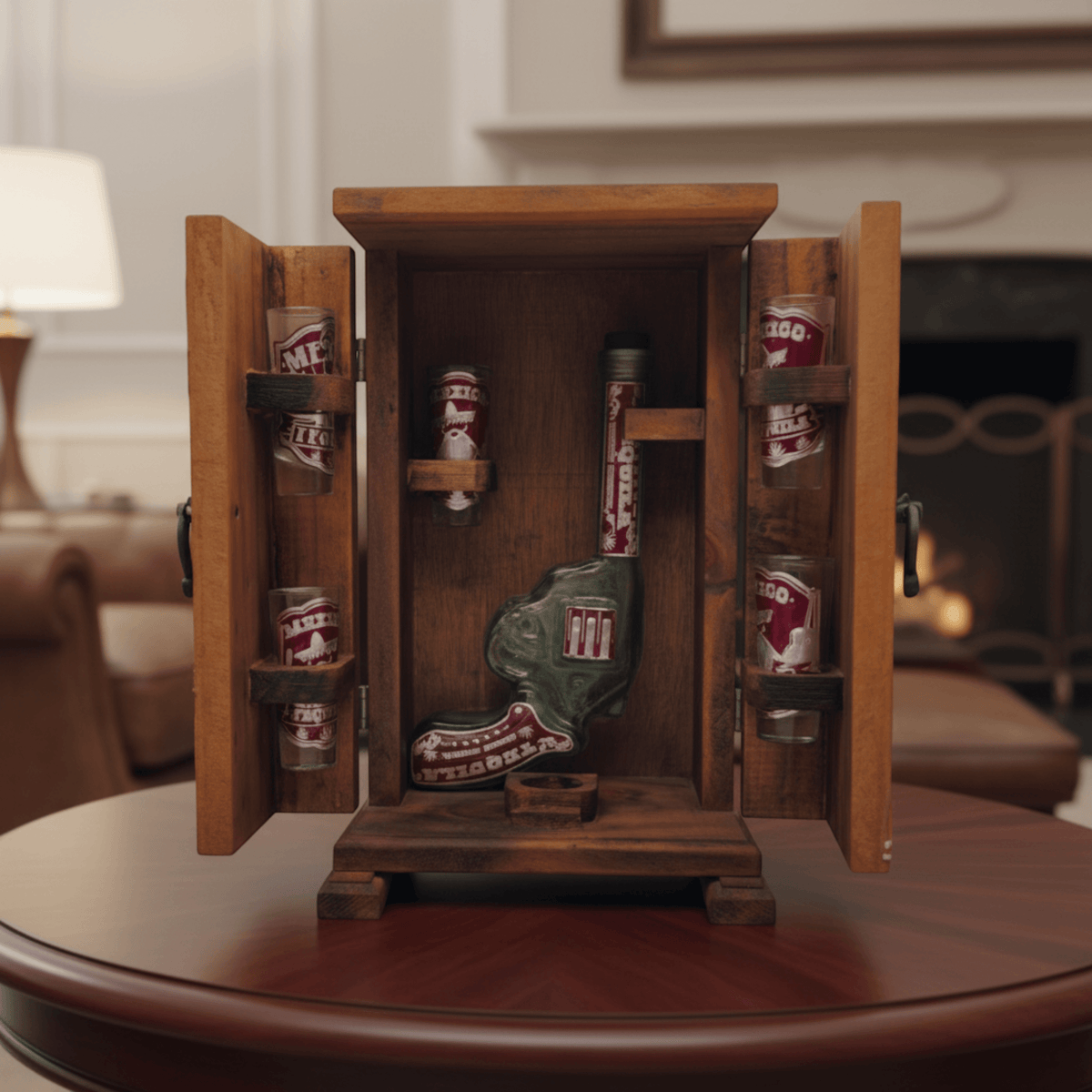 Mexican Revolver Decanter Set With 6 Shot Glasses | Wooden Box Mexican Decanter La Vie Bien Mexican Revolver Decanter Set With 6 Shot Glasses | Wooden Box