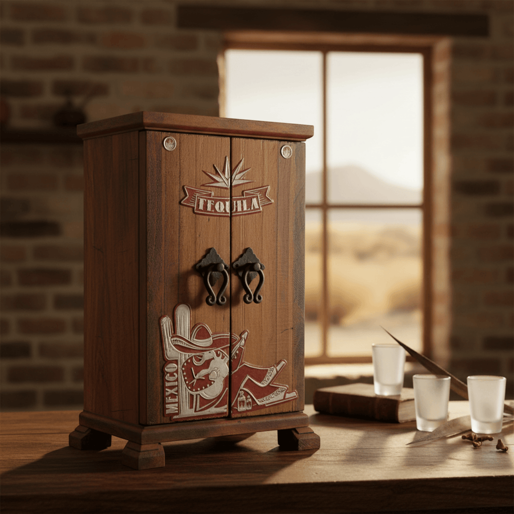 Mexican Revolver Decanter Set With 6 Shot Glasses | Wooden Box Mexican Decanter La Vie Bien Mexican Revolver Decanter Set With 6 Shot Glasses | Wooden Box