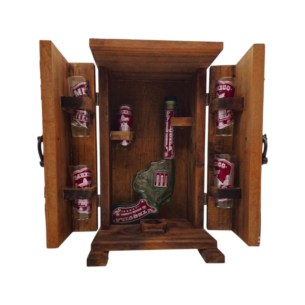 Mexican Revolver Decanter Set With 6 Shot Glasses | Wooden Box Mexican Decanter La Vie Bien Mexican Revolver Decanter Set With 6 Shot Glasses | Wooden Box