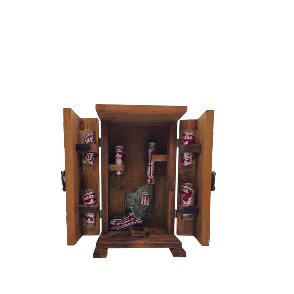 Mexican Revolver Decanter Set With 6 Shot Glasses | Wooden Box Mexican Decanter La Vie Bien Mexican Revolver Decanter Set With 6 Shot Glasses | Wooden Box
