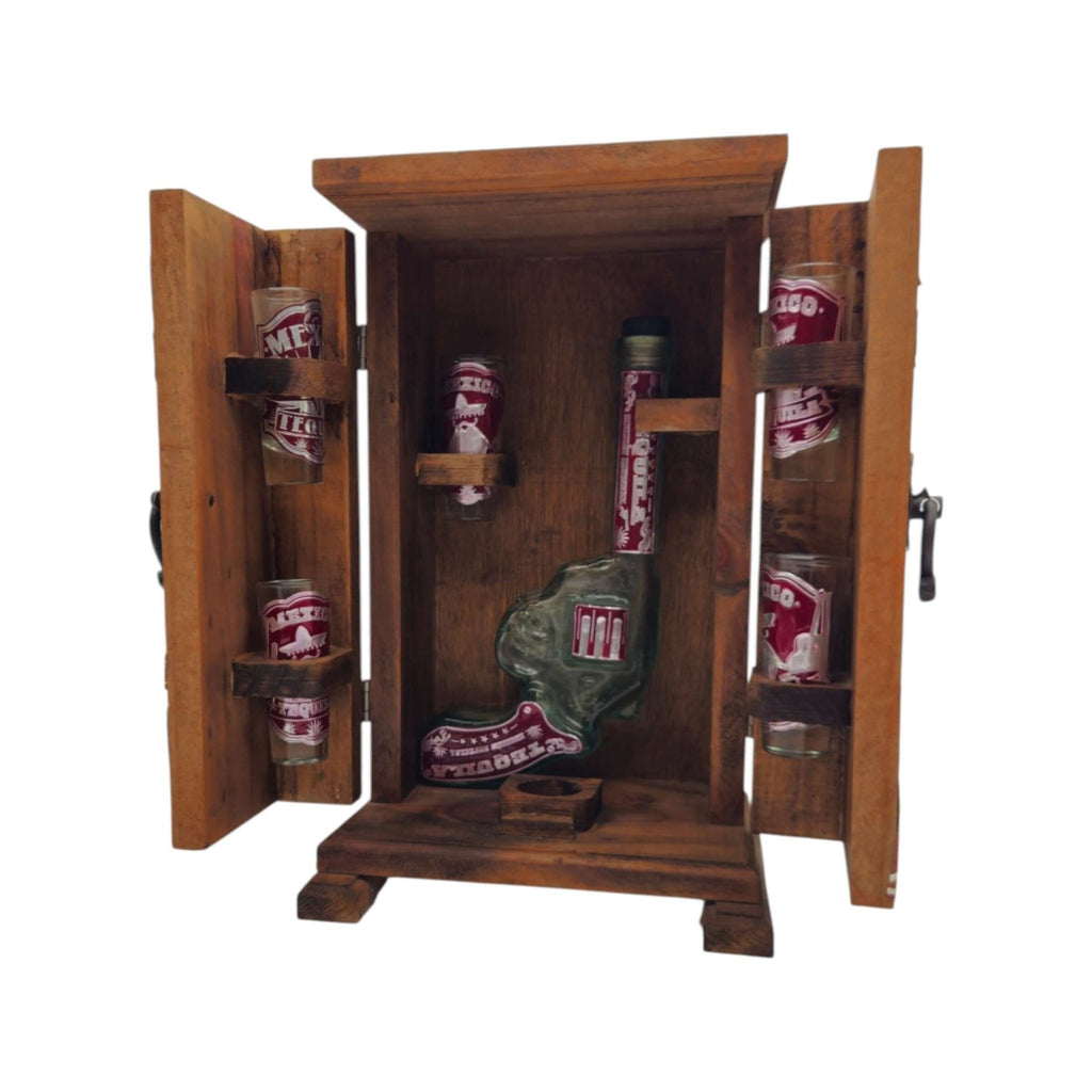 Mexican Revolver Decanter Set With 6 Shot Glasses | Wooden Box Mexican Decanter La Vie Bien Mexican Revolver Decanter Set With 6 Shot Glasses | Wooden Box