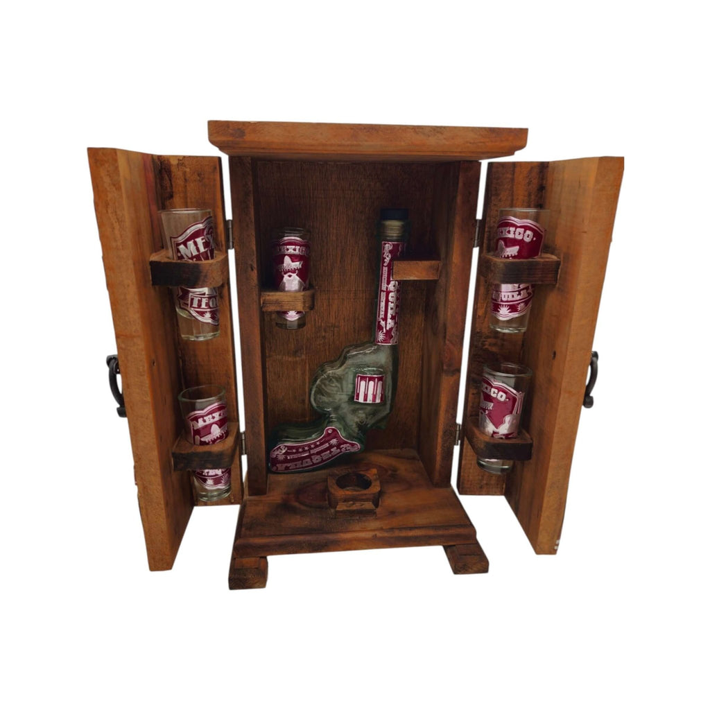Mexican Revolver Decanter Set With 6 Shot Glasses | Wooden Box Mexican Decanter La Vie Bien Mexican Revolver Decanter Set With 6 Shot Glasses | Wooden Box