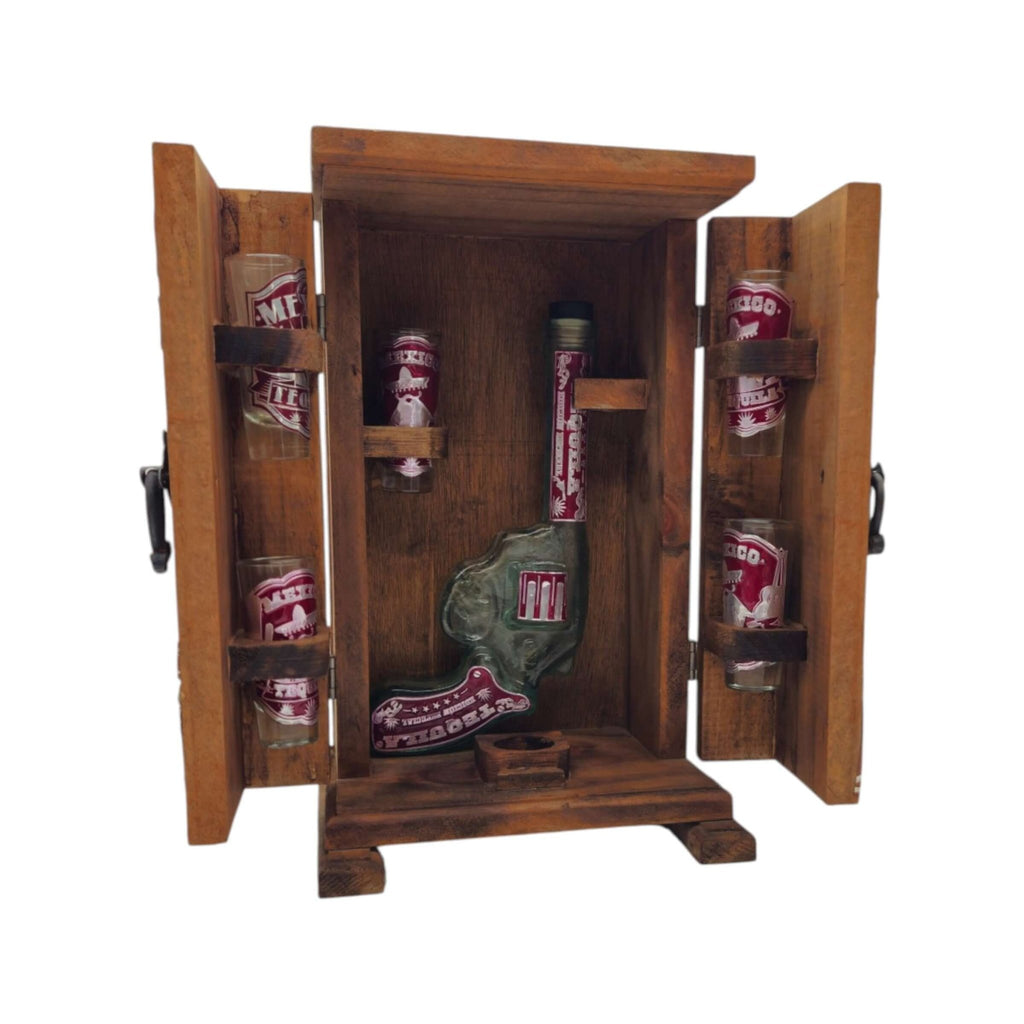 Mexican Revolver Decanter Set With 6 Shot Glasses | Wooden Box Mexican Decanter La Vie Bien Mexican Revolver Decanter Set With 6 Shot Glasses | Wooden Box
