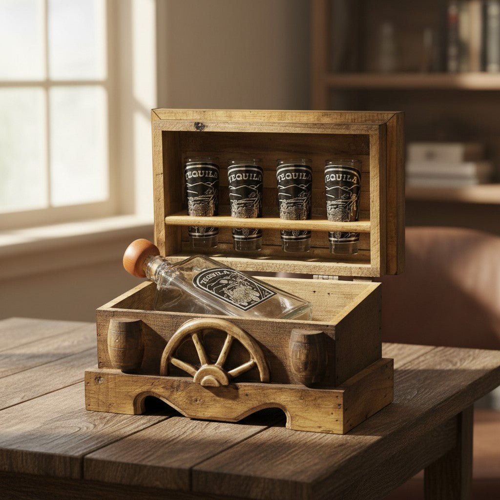 Mexican Shot Glass & Decanter Set | Rustic Wood Chest Mexican Decanter La Vie Bien Mexican Shot Glass & Decanter Set | Rustic Wood Chest
