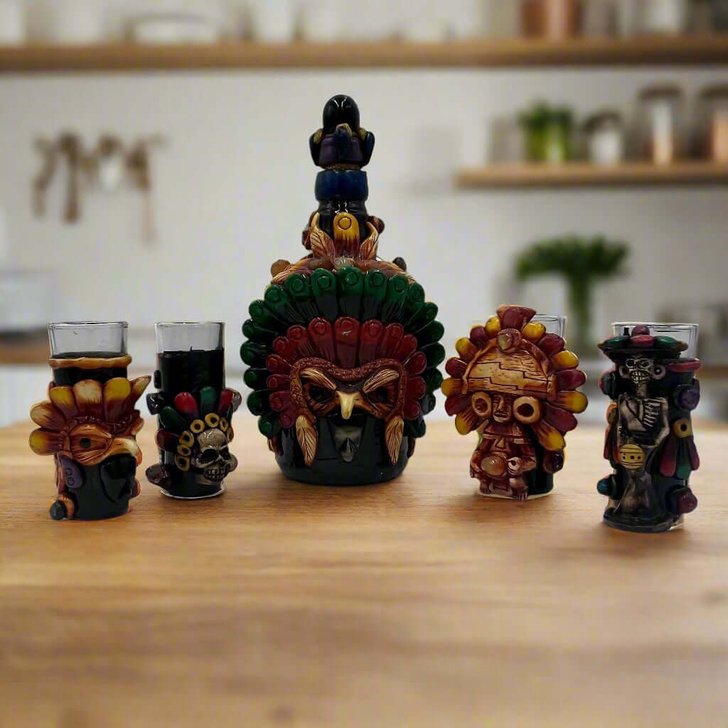 Mexican Shot Glass Set | Artisan Aztec Warrior Decanter Kit Aztec Decor La Vie Bien Mexican Shot Glass Set | Artisan Aztec Warrior Decanter Kit