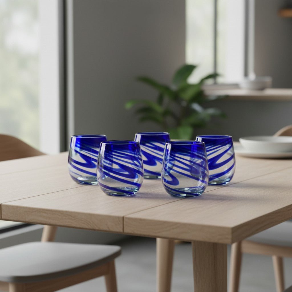 Mexican Stemless Wine Glass | Hand-Blown Blue Swirl Mexican Wine Glass La Vie Bien Mexican Stemless Wine Glass | Hand-Blown Blue Swirl