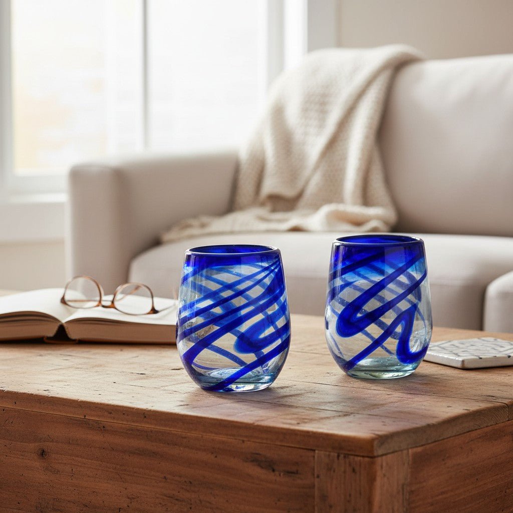 Mexican Stemless Wine Glass | Hand-Blown Blue Swirl Mexican Wine Glass La Vie Bien Mexican Stemless Wine Glass | Hand-Blown Blue Swirl