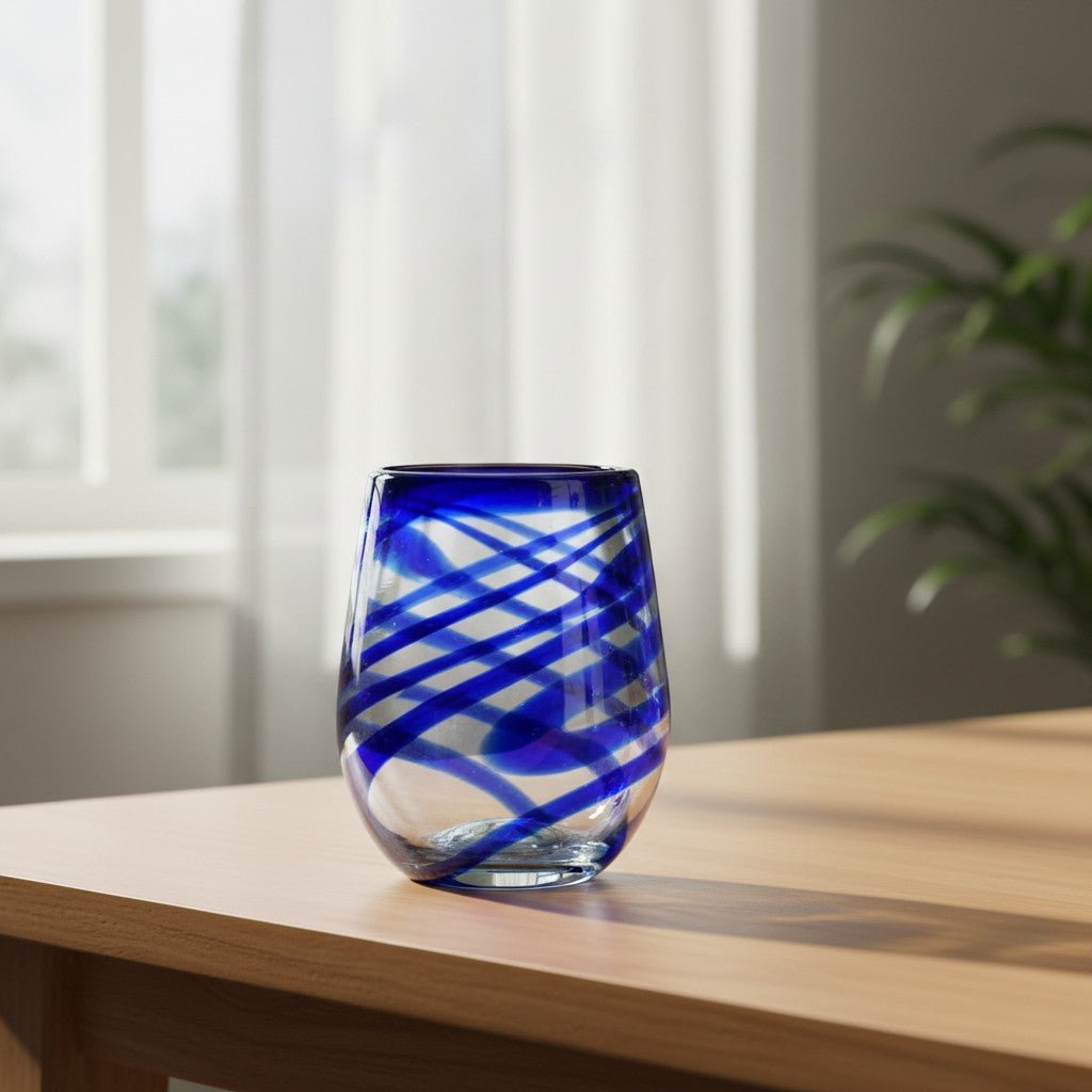 Mexican Stemless Wine Glass | Hand-Blown Blue Swirl Mexican Wine Glass La Vie Bien Mexican Stemless Wine Glass | Hand-Blown Blue Swirl