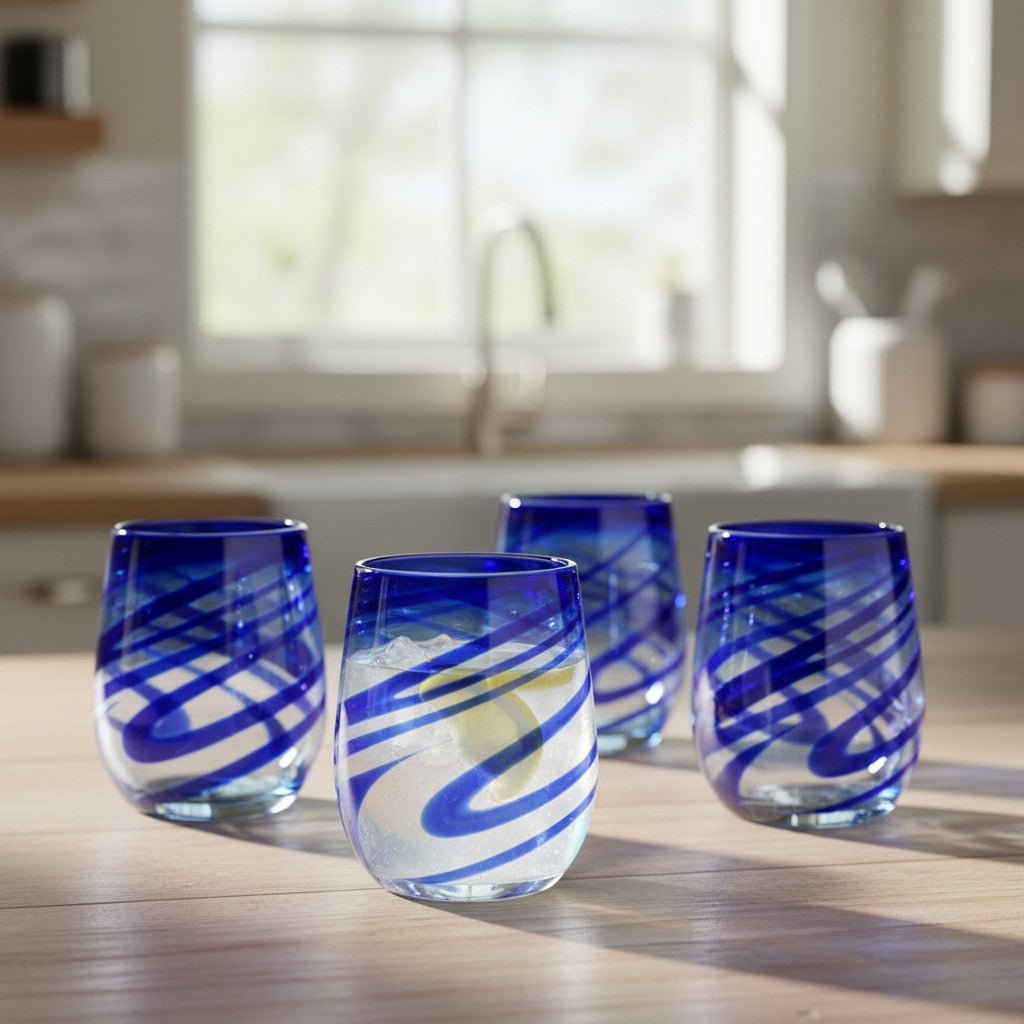 Mexican Stemless Wine Glass | Hand-Blown Blue Swirl Mexican Wine Glass La Vie Bien Mexican Stemless Wine Glass | Hand-Blown Blue Swirl