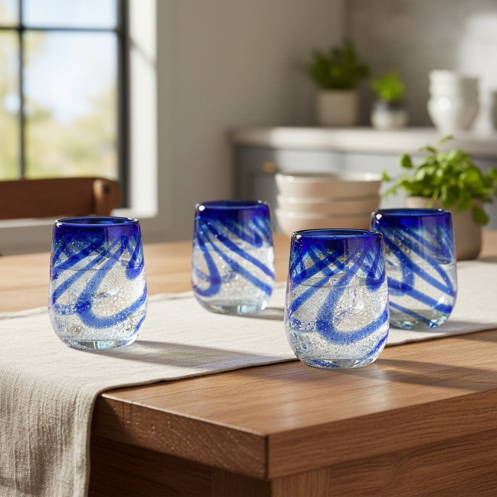 Mexican Stemless Wine Glass | Hand-Blown Blue Swirl Mexican Wine Glass La Vie Bien Mexican Stemless Wine Glass | Hand-Blown Blue Swirl