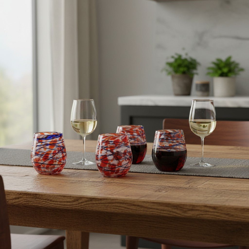 Mexican Stemless Wine Glass | Hand-Blown Orange & Blue Swirl Mexican Wine Glass La Vie Bien Mexican Stemless Wine Glass | Hand-Blown Orange & Blue Swirl