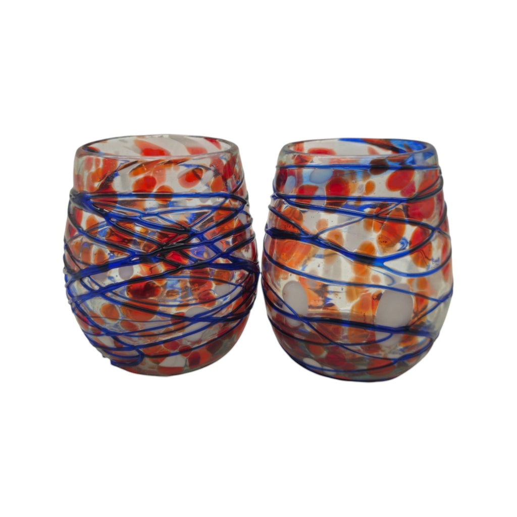 Mexican Stemless Wine Glass | Hand-Blown Orange & Blue Swirl Mexican Wine Glass La Vie Bien Mexican Stemless Wine Glass | Hand-Blown Orange & Blue Swirl
